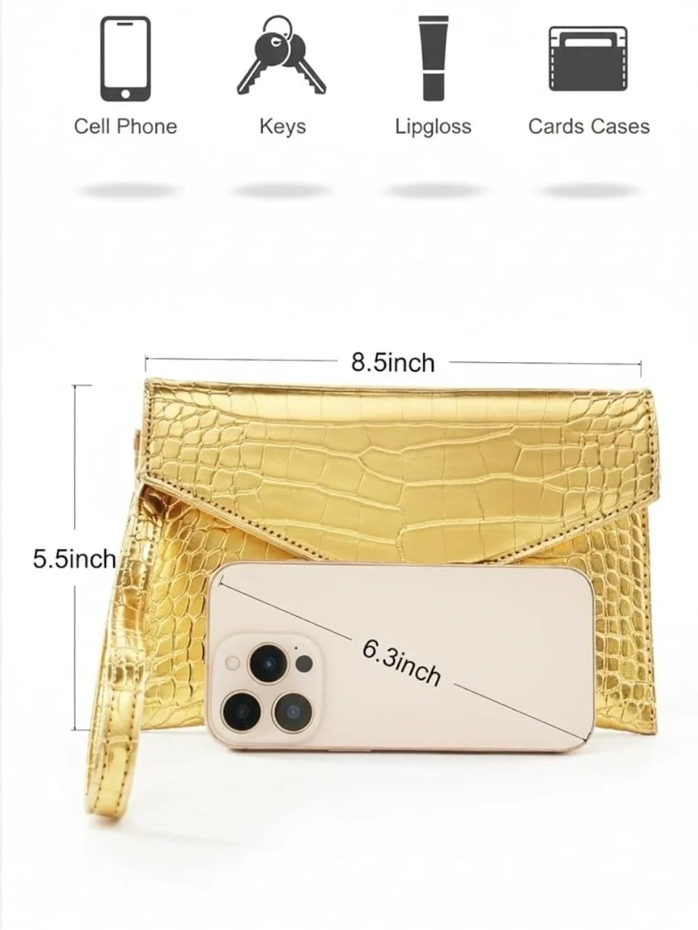 Gold Metallic Croc Embossed Envelope Clutch Wristlet Purse
